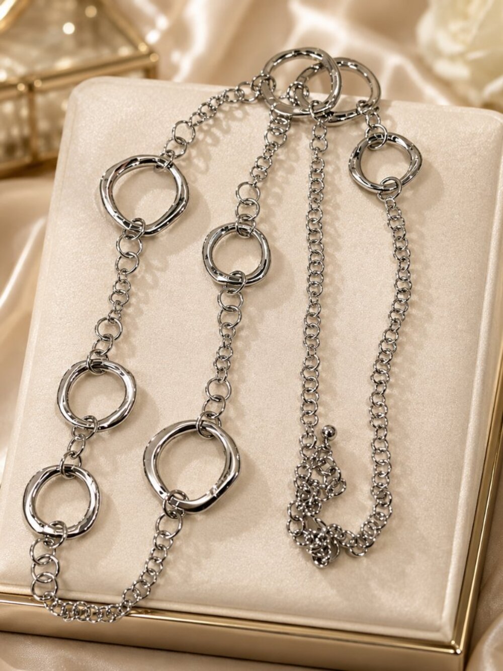 Silver Tone Long Chain Necklace w/ Open Circle Links – Modern Statement Jewelry